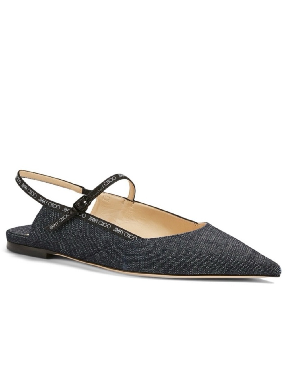 Jimmy Choo Logo Ree Pointed Toe Slingback Denim Flats 37.5